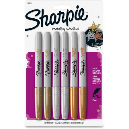 Sharpie Metallic Permanent Markers - Fine Marker Point - Assorted Ink - 6 / Pack