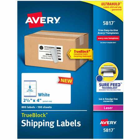 Avery®  Printable Shipping Labels, 2.5" x 4" , 800 Labels (5817) - 2 1/2" Width x 4" Length - Permanent Adhesive - Rectangle - Laser - White - Paper - Durable - 8 / Sheet - 100 Total Sheets - 800 Total Label(s) - 800 / Box