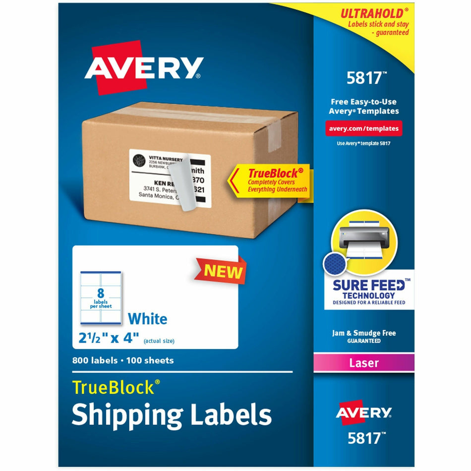 Avery®  Printable Shipping Labels, 2.5" x 4" , 800 Labels (5817) - 2 1/2" Width x 4" Length - Permanent Adhesive - Rectangle - Laser - White - Paper - Durable - 8 / Sheet - 100 Total Sheets - 800 Total Label(s) - 800 / Box