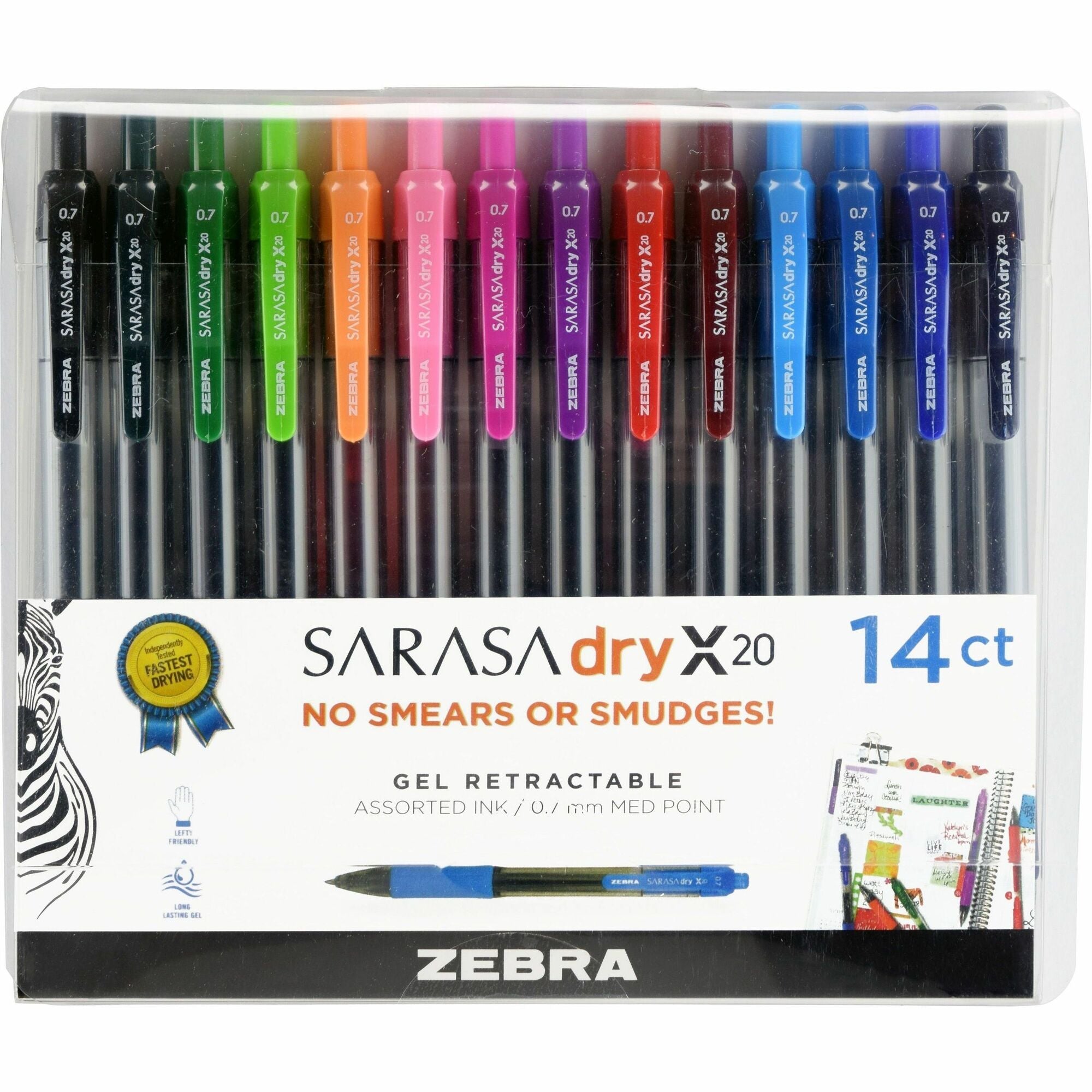 Zebra SARASA dry X20 Retractable Gel Pen - 0.7 mm Medium Pen Point - Retractable - Blue Ink - Gel-based - Plastic Barrel - 14 / Pack