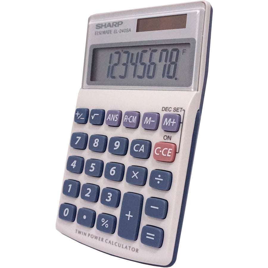 Sharp Calculators EL-240SAB 8-Digit Handheld Calculator - 3-Key Memory, Sign Change, Auto Power Off - 8 Digits - LCD - Battery/Solar Powered - 1 x LR1130 - 0.7" Height x 2.8" Width x 4.6" Depth - Gray, Blue - 1 Each