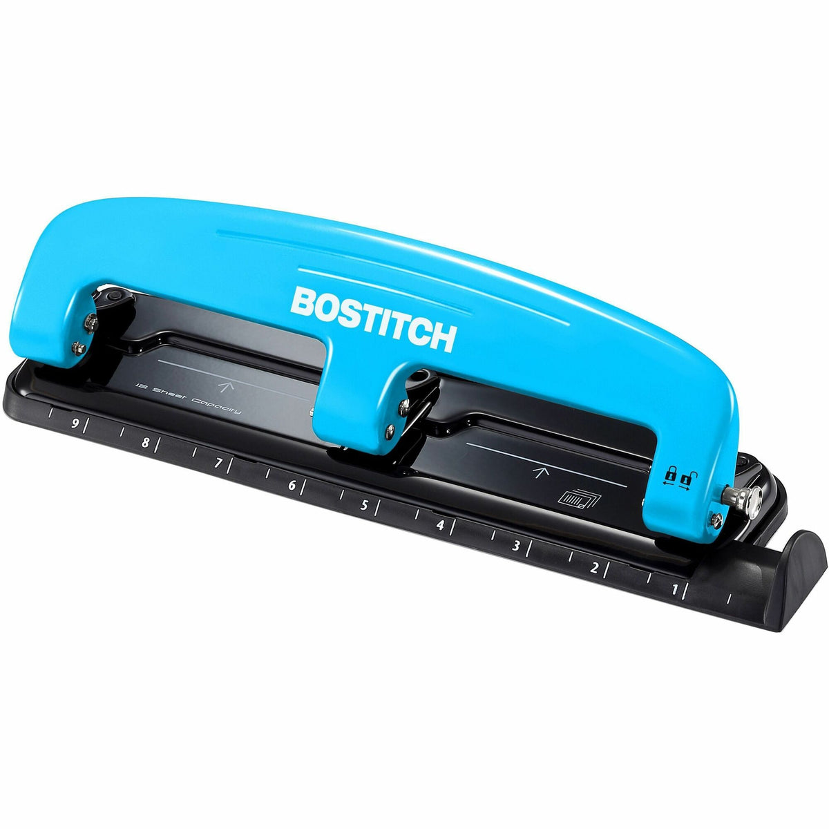 Bostitch EZ Squeeze&trade; 12 Three-Hole Punch - 3 Punch Head(s) - 12 Sheet - 9/32" Punch Size - Round Shape - 3" Width x 1.6" Height - Blue, Black