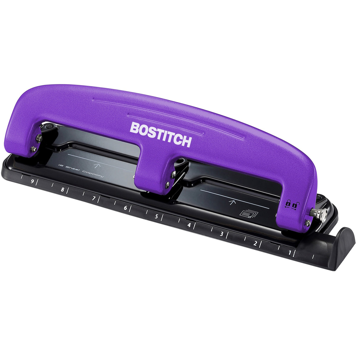 Bostitch EZ Squeeze&trade; 12 Three-Hole Punch - 3 Punch Head(s) - 12 Sheet - 9/32" Punch Size - 3" Width x 1.6" Height - Purple, Black