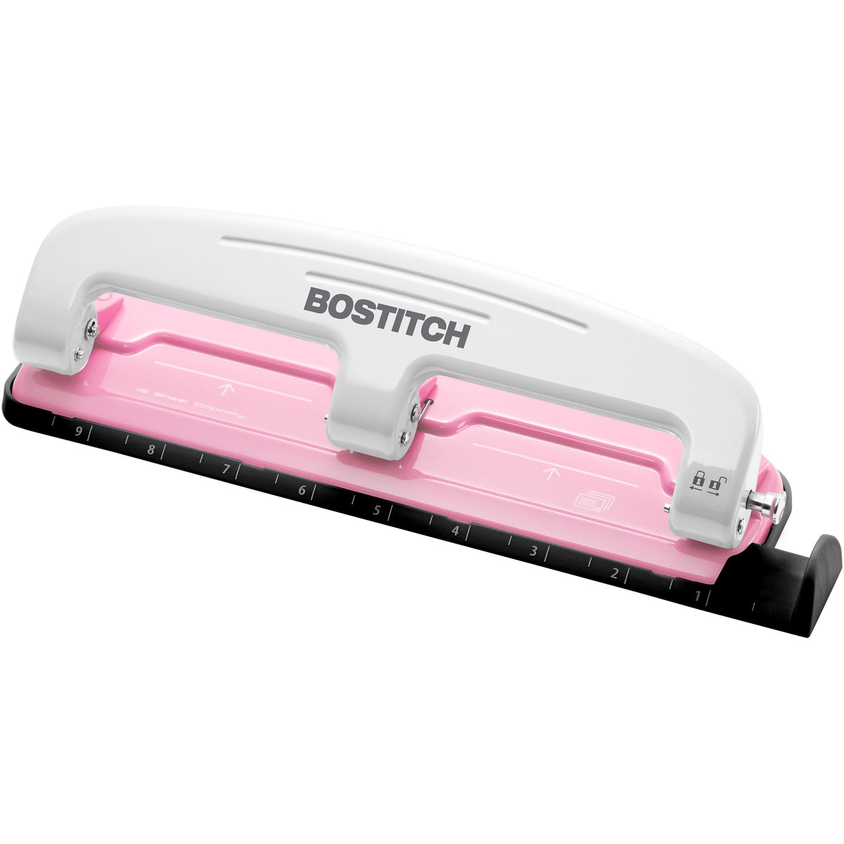 Bostitch EZ Squeeze&trade; InCourage 12 Three-Hole Punch - 3 Punch Head(s) - 12 Sheet - 9/32" Punch Size - Round Shape - 3" Width x 1.6" Height - Pink, White