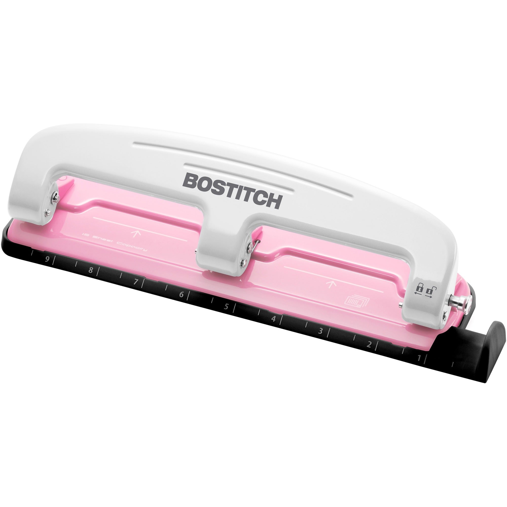 Bostitch EZ Squeeze&trade; InCourage 12 Three-Hole Punch - 3 Punch Head(s) - 12 Sheet - 9/32" Punch Size - Round Shape - 3" Width x 1.6" Height - Pink, White
