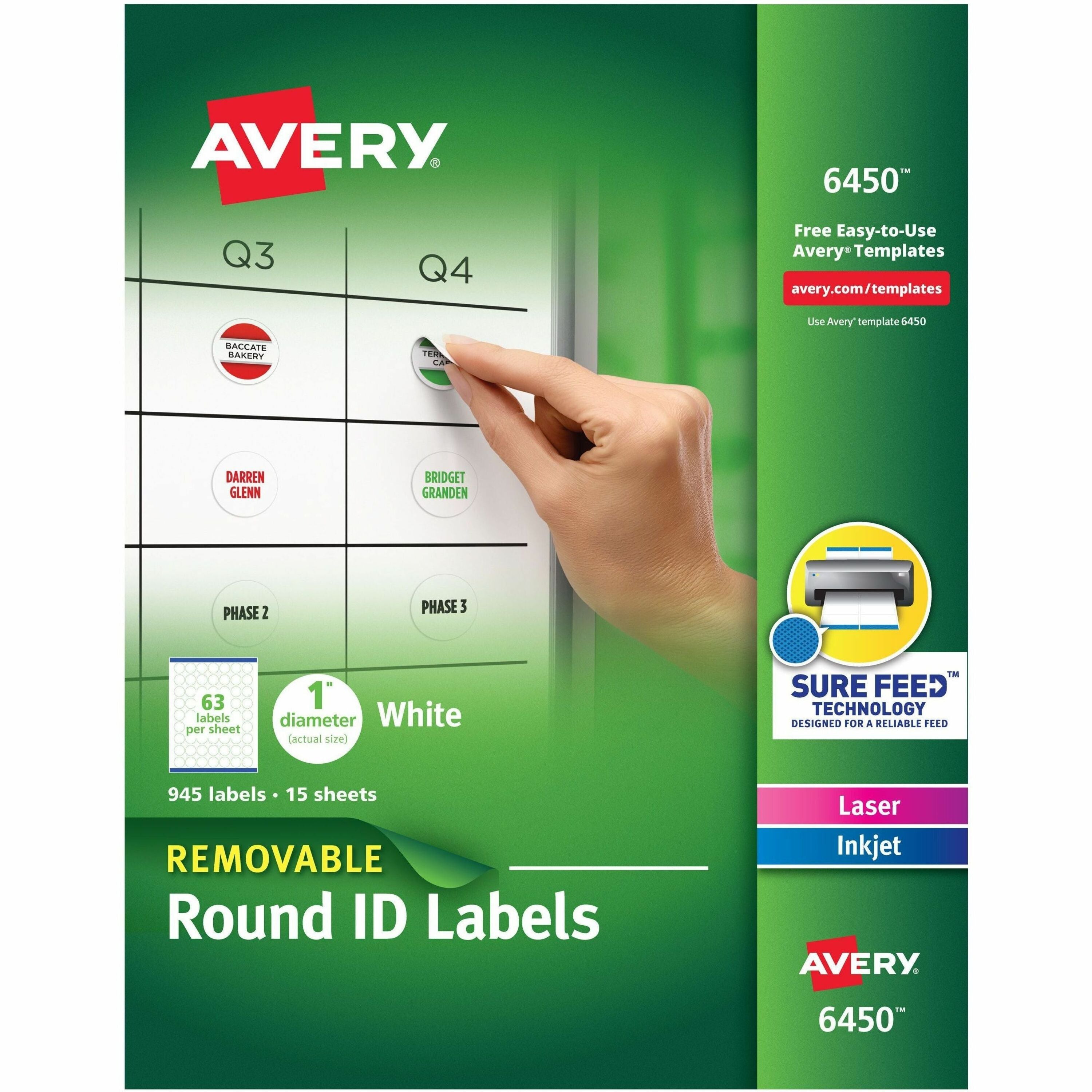 Avery®  Multiuse Removable Labels - 1" Diameter - Removable Adhesive - Round - Inkjet, Laser - White - Paper - Jam Resistant, PVC-free, Removable, Residue-free - 63 / Sheet - 15 Total Sheets - 945 Total Label(s) - 945 / Pack