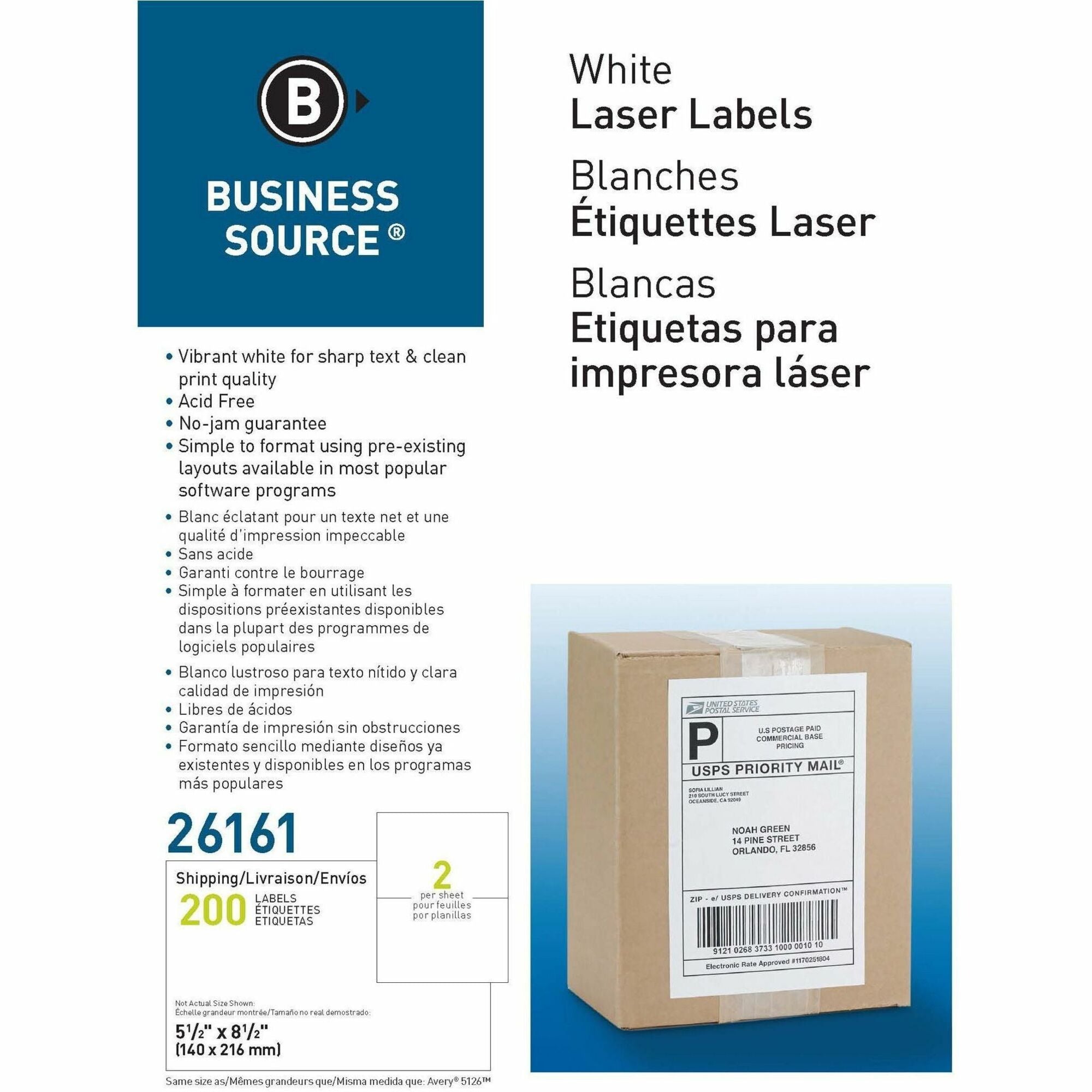 Business Source Shipping Labels - 5 1/2" Width x 8 1/2" Length - Permanent Adhesive - Rectangle - Laser, Inkjet - White - Lignin-free, Jam-free, Smudge Resistant - 2 / Sheet - 100 Total Sheets - 200 / Box