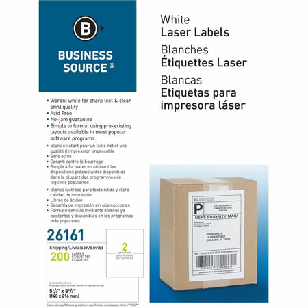 Business Source Shipping Labels - 5 1/2" Width x 8 1/2" Length - Permanent Adhesive - Rectangle - Laser, Inkjet - White - Lignin-free, Jam-free, Smudge Resistant - 2 / Sheet - 100 Total Sheets - 200 / Box