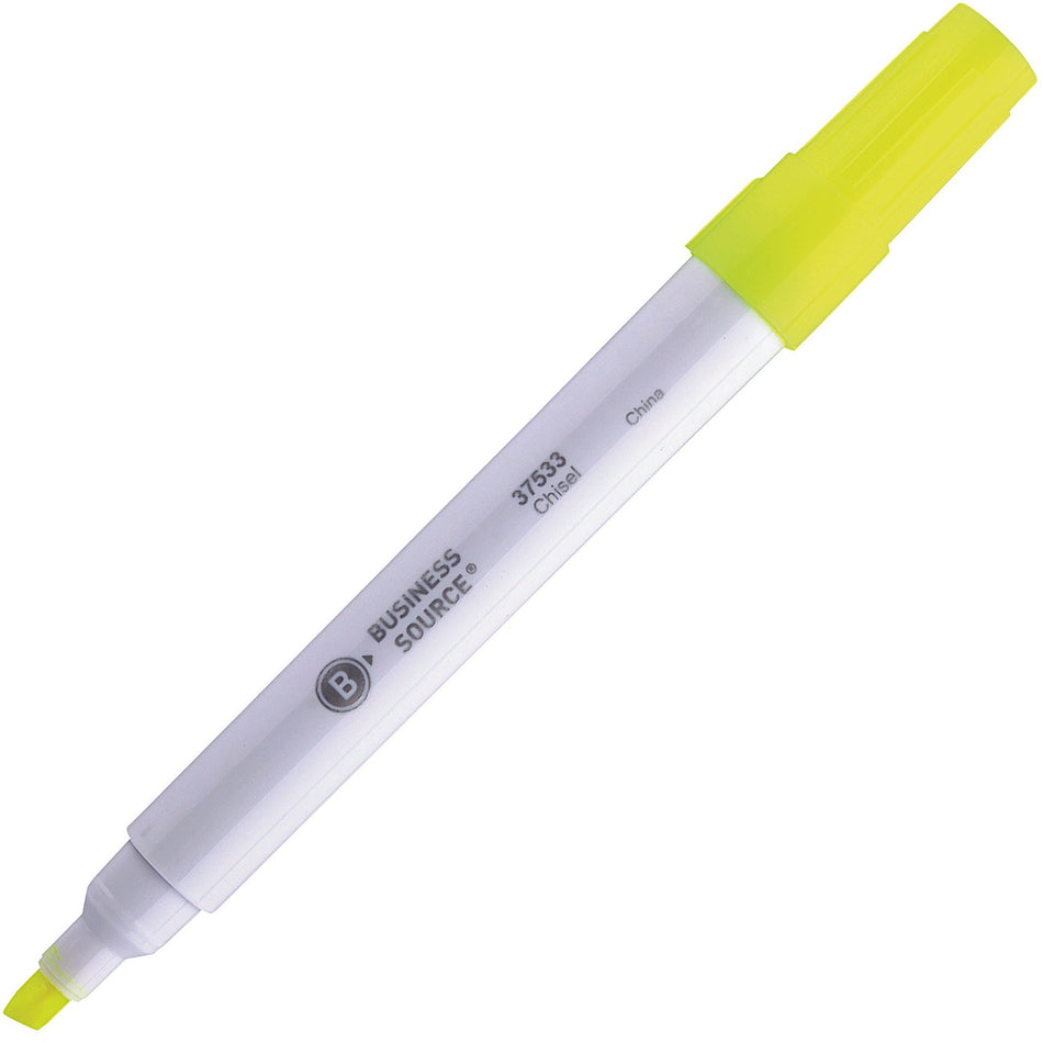 Business Source Chisel Tip Yellow Value Highlighter - Chisel Marker Point - Yellow Ink - White Barrel - 1 Dozen