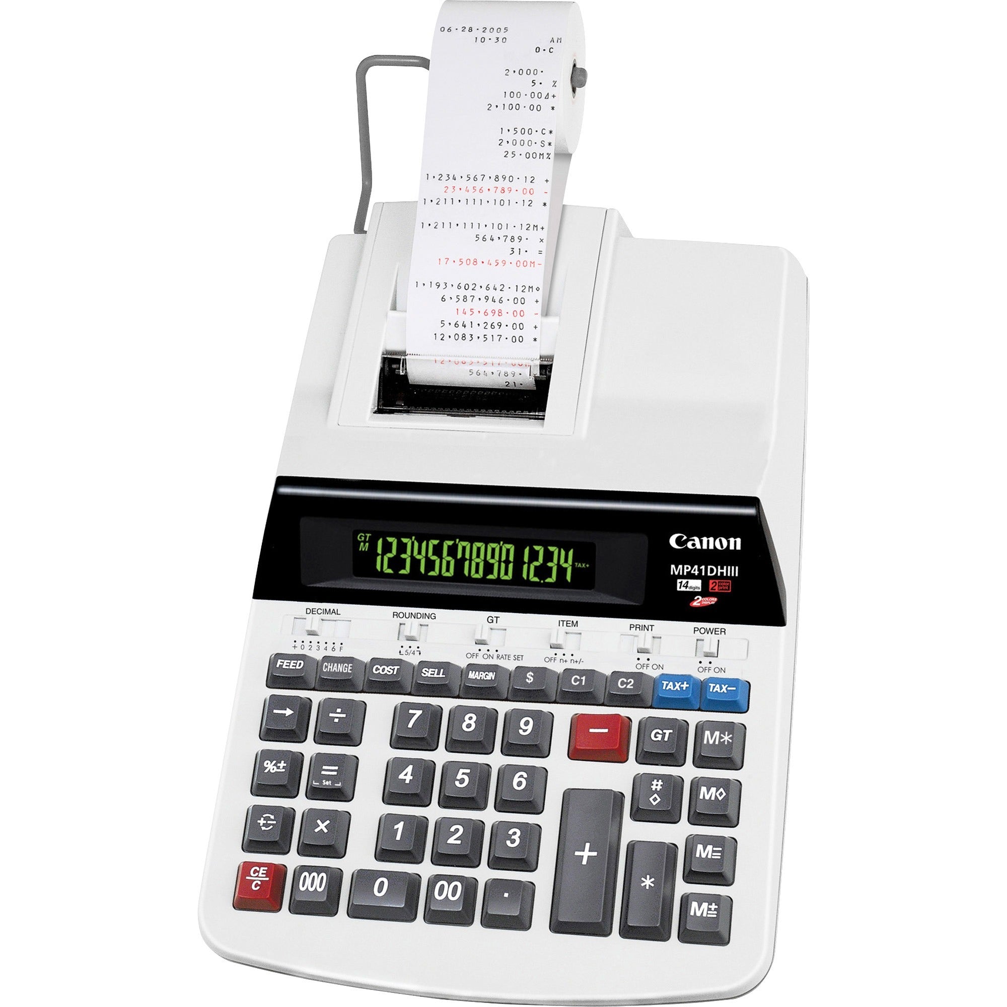 Canon MP41DHIII Heavy-duty Printing Calculator - Dual Color Print - Dot Matrix - 4.3 lps - Heavy Duty, Auto Power Off, Sign Change, Item Count - 14 Digits - LCD - AC Supply Powered - 3.3" Height x 9" Width x 14" Depth - Gray - 1 Each