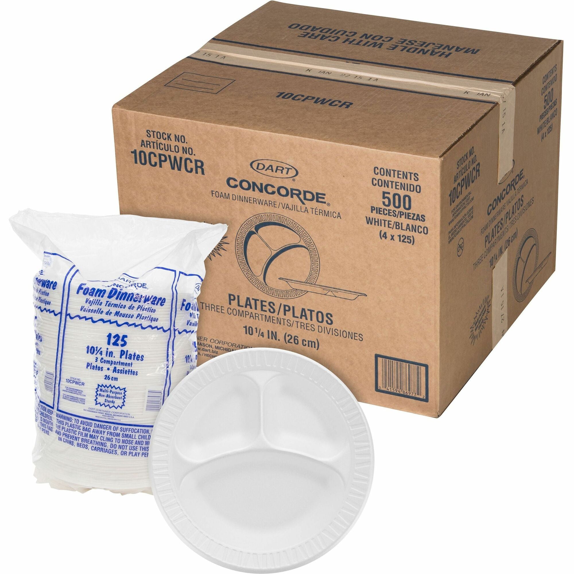 Dart Concorde 10-1/4" Nonlaminated Foam Compartment Plates - 10.3" Diameter - White - Foam Body - 125/Bag - 4 / Carton