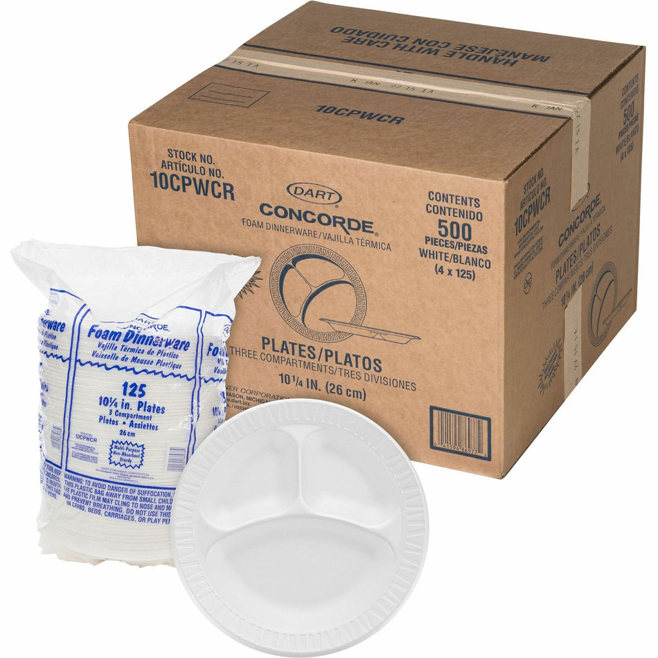 Dart Concorde 10-1/4" Nonlaminated Foam Compartment Plates - 10.3" Diameter - White - Foam Body - 125/Bag - 4 / Carton