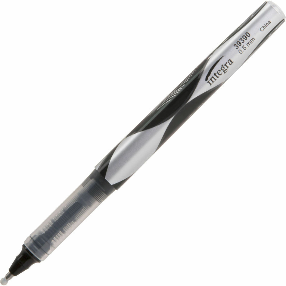 Integra Liquid Ink Rollerball Pens - 0.5 mm Extra Fine Pen Point - Black Ink - Black Barrel - Metal Tip - 1 Dozen