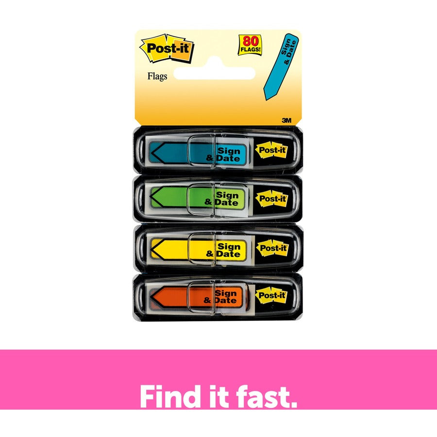 Post-it®  Arrow Message Flags - 80 - 1/2" Flag/Note Width x 1 3/4" Flag/Note Length - Arrow, Rectangle - Unruled - Sign & Date - Blue, Red, Green, Yellow, Assorted - Self-adhesive, Repositionable, Removable - Dispenser Included - 80 / Pack