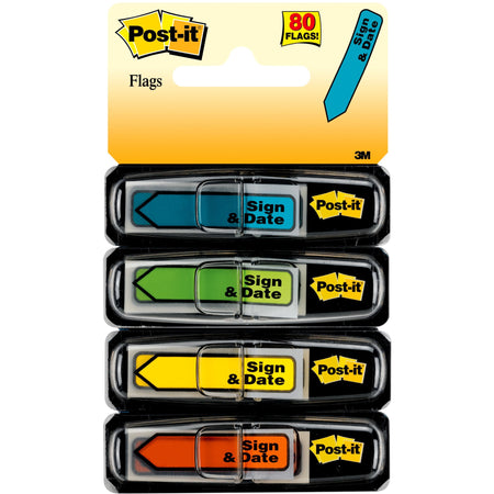 Post-it®  Arrow Message Flags - 80 - 1/2" Flag/Note Width x 1 3/4" Flag/Note Length - Arrow, Rectangle - Unruled - Sign & Date - Blue, Red, Green, Yellow, Assorted - Self-adhesive, Repositionable, Removable - Dispenser Included - 80 / Pack