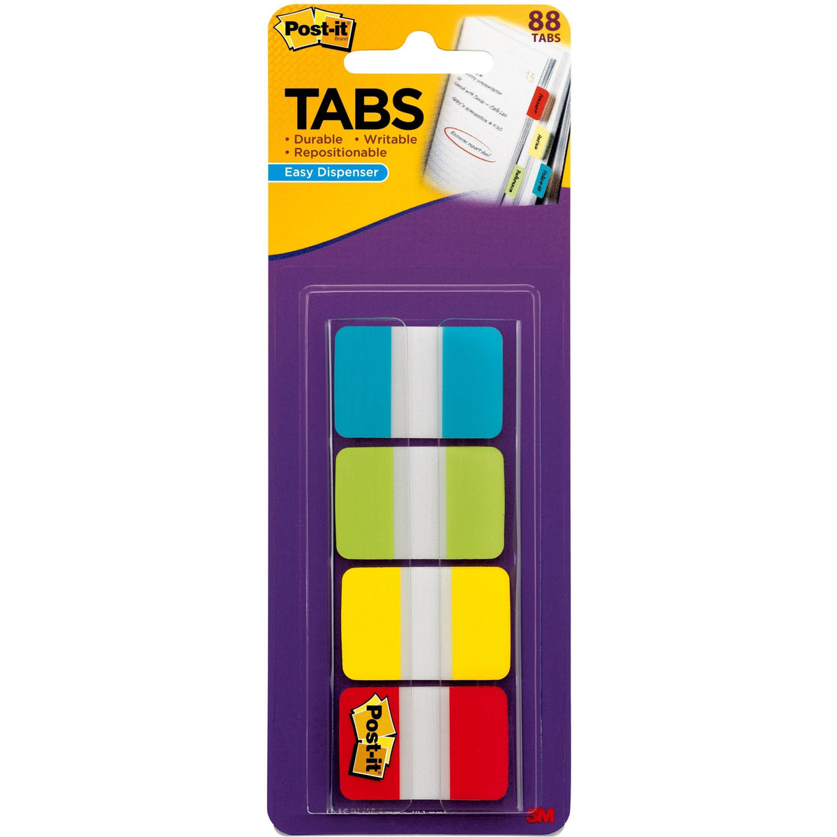 Post-it®  Tabs in On-the-Go Dispenser - 88 Write-on Tab(s) - 1.50" Tab Height x 1" Tab Width - Blue, Green, Yellow, Red Tab(s) - Repositionable - 88 / Pack