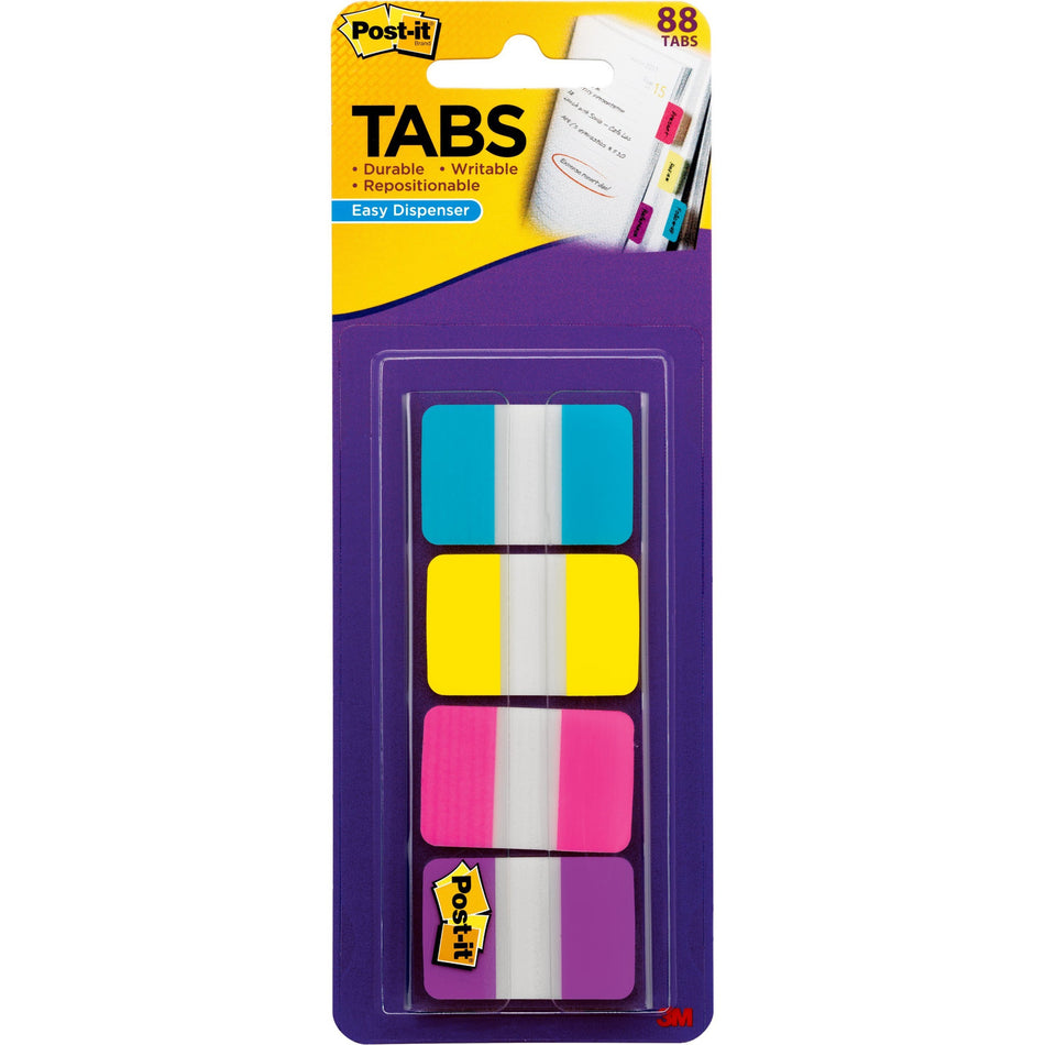 Post-it®  Tabs - 88 Write-on Tab(s) - 1.50" Tab Height x 1" Tab Width - Blue, Yellow, Pink, Purple Tab(s) - Repositionable - 88 / Pack