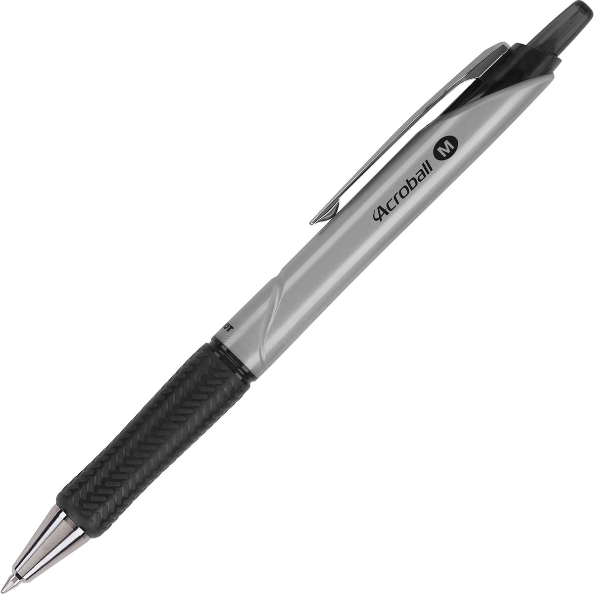 Pilot Acroball Pro Hybrid Ink Ballpoint Pen - 1 mm Medium Pen Point - Refillable - Retractable - Black Ink - Advanced Ink - Silver Barrel - Tungsten Carbide Tip - 1 Dozen