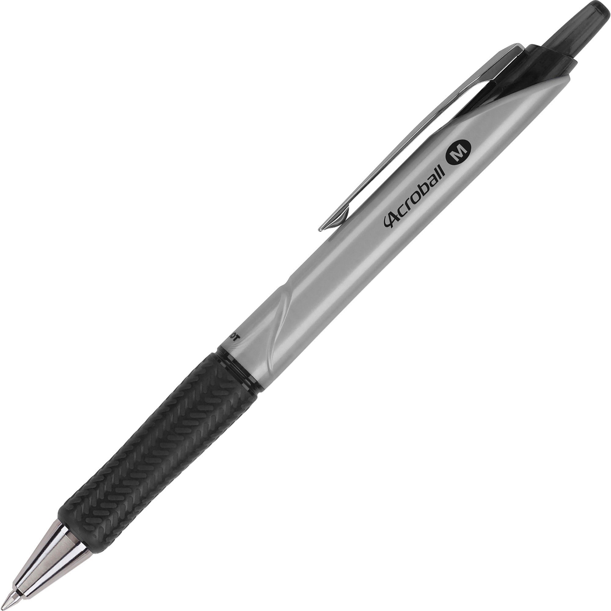 Pilot Acroball Pro Hybrid Ink Ballpoint Pen - 1 mm Medium Pen Point - Refillable - Retractable - Black Ink - Advanced Ink - Silver Barrel - Tungsten Carbide Tip - 1 Dozen