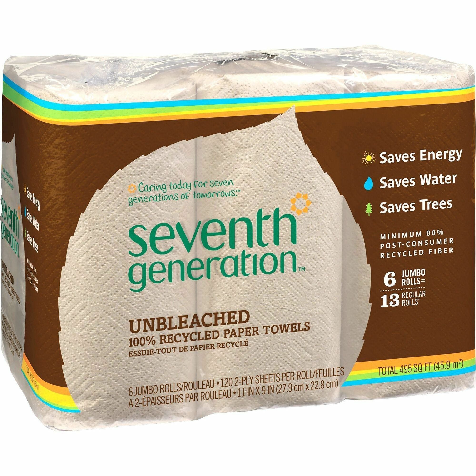 Seventh Generation 100% Recycled Paper Towels - 2 Ply - 11" Width x 9" Length - 120 Sheets/Roll - Natural - Paper - 6 / Pack