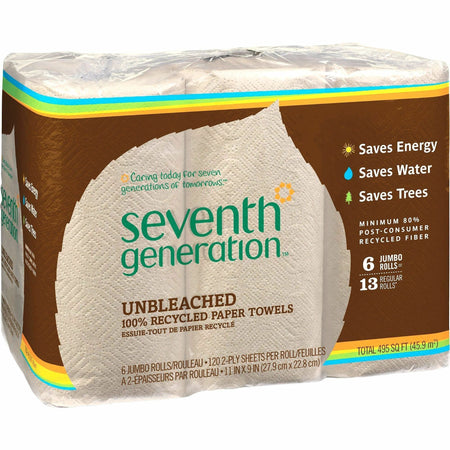 Seventh Generation 100% Recycled Paper Towels - 2 Ply - 11" Width x 9" Length - 120 Sheets/Roll - Natural - Paper - 6 / Pack