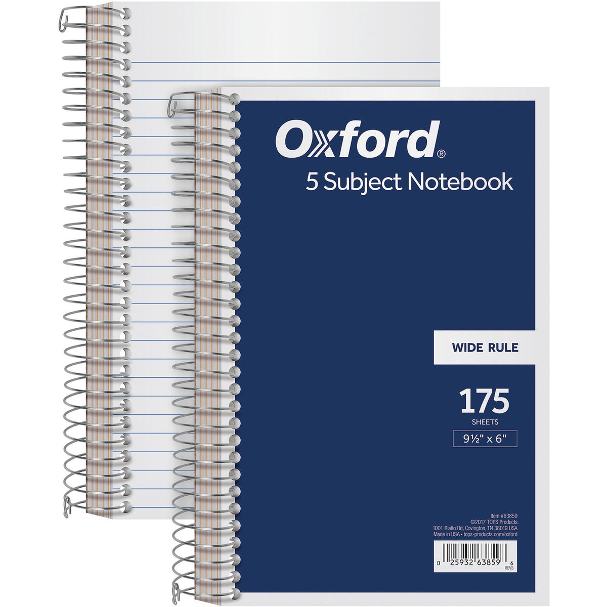 TOPS 5 Subject Wirebound Notebook - 175 Sheets - Coilock - 15 lb Basis Weight - 6" x 9 1/2" Sheet Size - White Paper - Navy Cover - Acid-free, Unpunched, Divider - 1 Each
