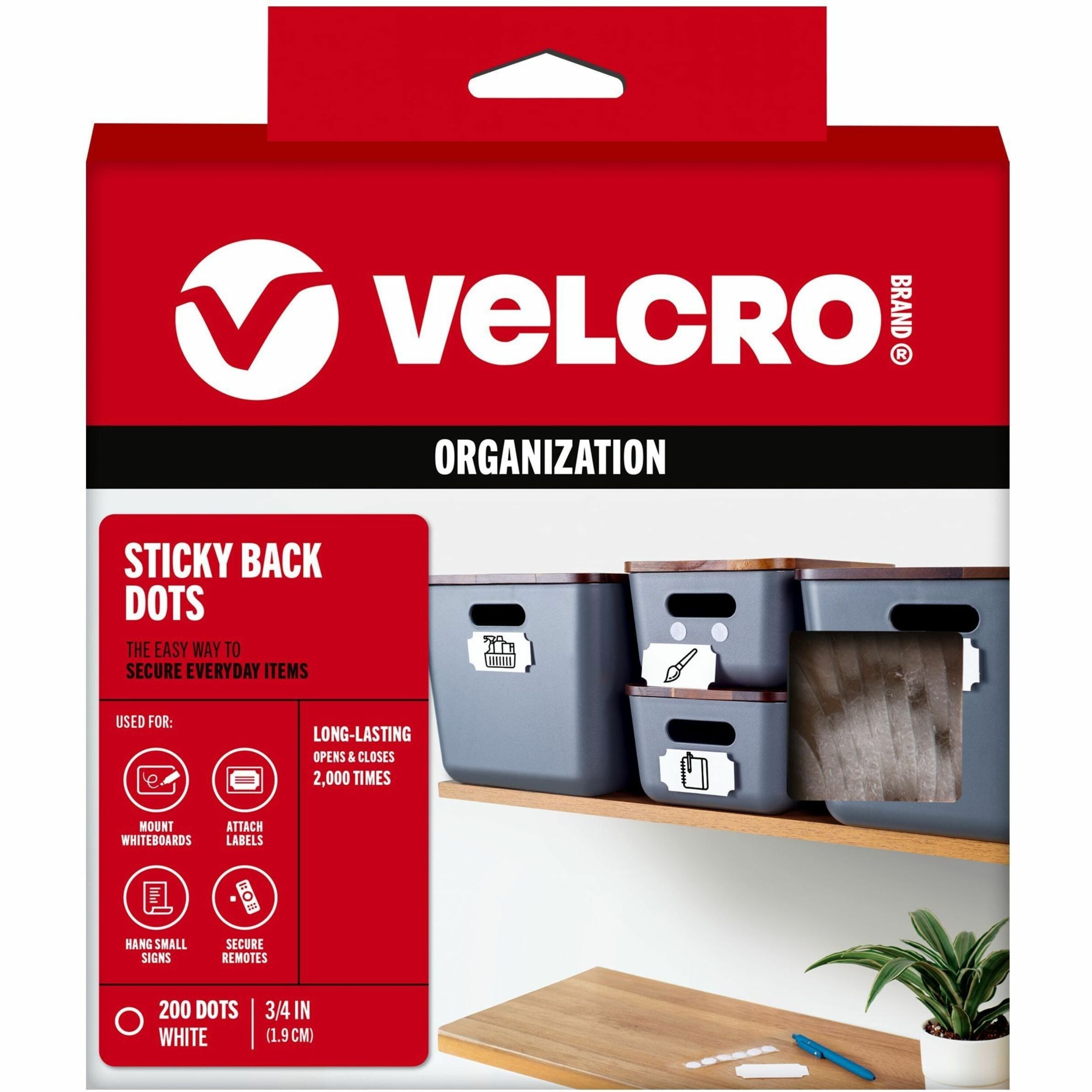VELCRO®  Sticky Back 3/4in Circles White 200 ct - 0.75" Diameter - White - For Sign, Poster, Wall, Plastic, Glass, Tile, Home, School - 200 / Box