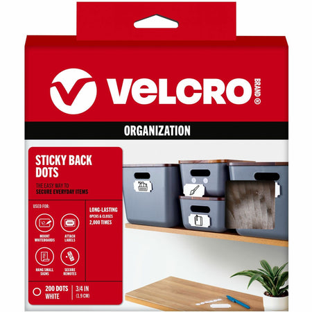 VELCRO®  Sticky Back 3/4in Circles White 200 ct - 0.75" Diameter - White - For Sign, Poster, Wall, Plastic, Glass, Tile, Home, School - 200 / Box