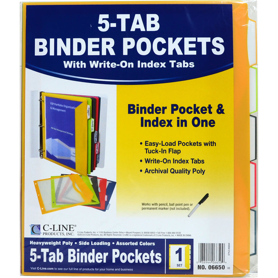 C-Line Write-on Tab Poly Binder Pockets - For Letter 8 1/2" x 11" Sheet - 3 x Holes - Ring Binder - Rectangular - Lime Green, Charcoal Gray, Raspberry Red, Steel Blue, Amber Orange - Poly - 5 / Set