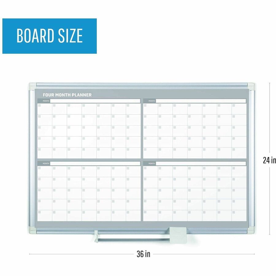MasterVision Dry-erase 4-month Planner - Monthly - 4 Month - 36" x 24" Sheet Size - White, Silver - Aluminum, Porcelain - Accessory Tray, Magnetic, Dry Erase Surface, Scratch Resistant, Ghost Resistant - 1 Each