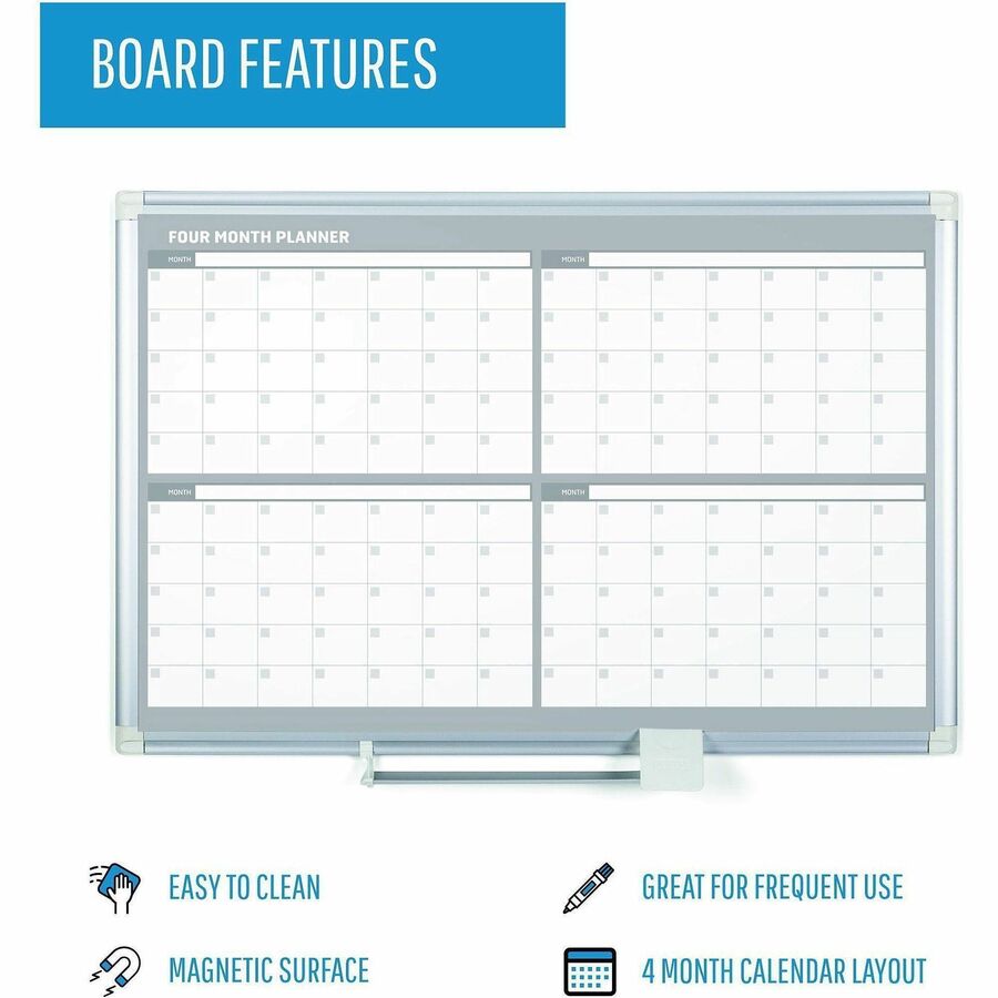 MasterVision Dry-erase 4-month Planner - Monthly - 4 Month - 36" x 24" Sheet Size - White, Silver - Aluminum, Porcelain - Accessory Tray, Magnetic, Dry Erase Surface, Scratch Resistant, Ghost Resistant - 1 Each