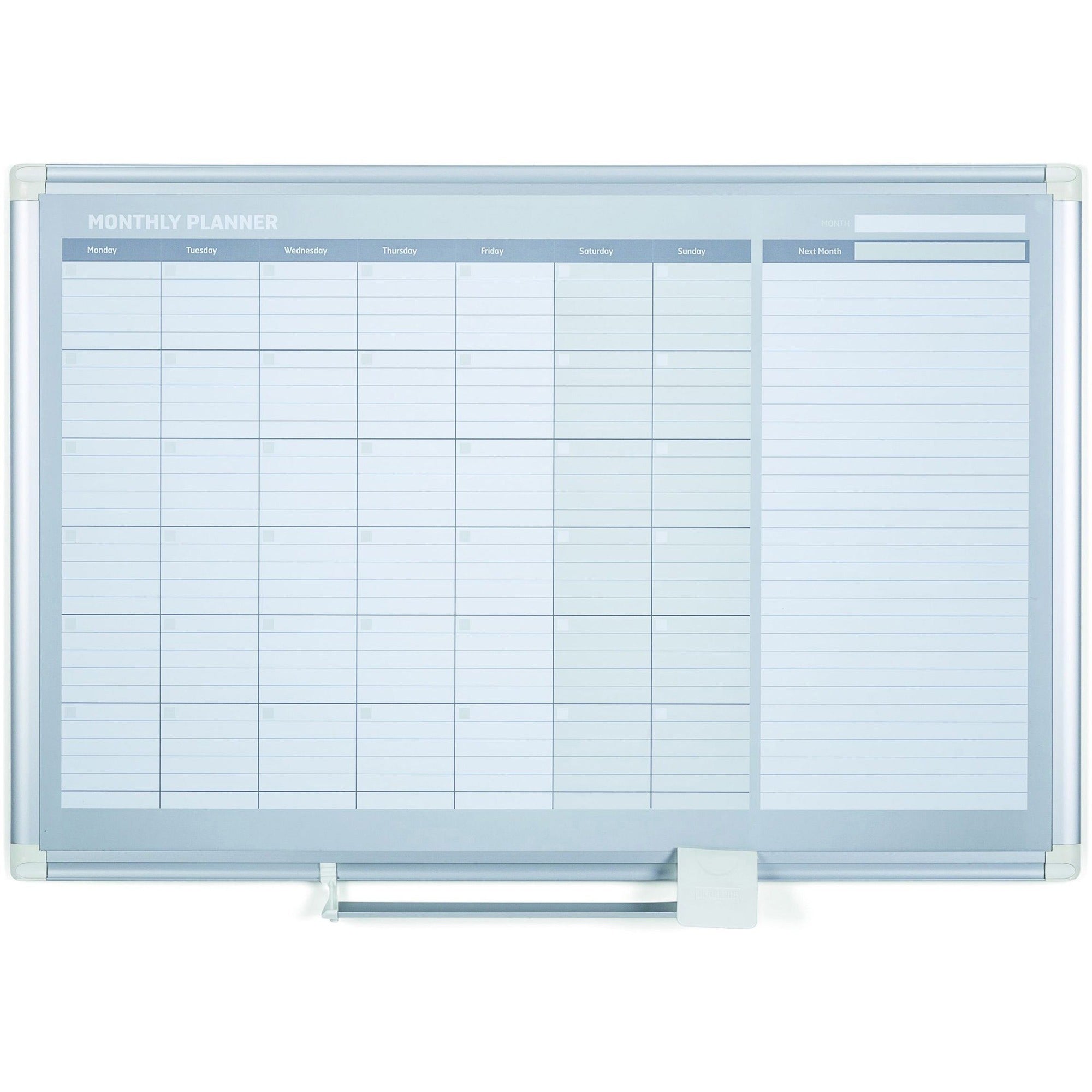 MasterVision 2' Magnetic Gold Monthly Planner - Monthly - 36" x 24" Sheet Size - White, Silver - Aluminum - Accessory Tray, Magnetic, Dry Erase Surface, Scratch Resistant, Ghost Resistant, Notes Area, Write on/Wipe off - 1 Each