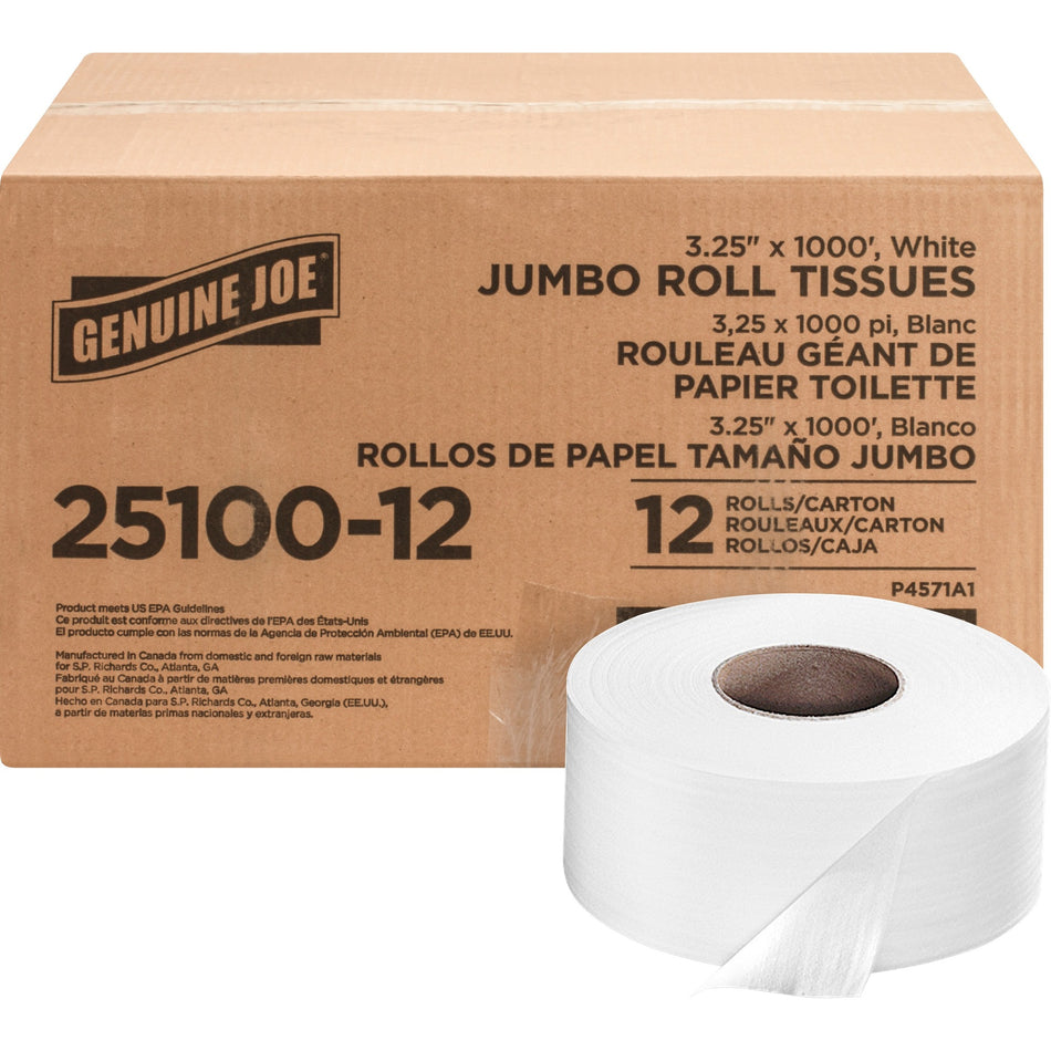 Genuine Joe Jumbo Roll Bath Tissues - 2 Ply - 3.25" Width x 1000 ft Length - 9" Roll Diameter - 3.30" Core - White - 12 / Carton