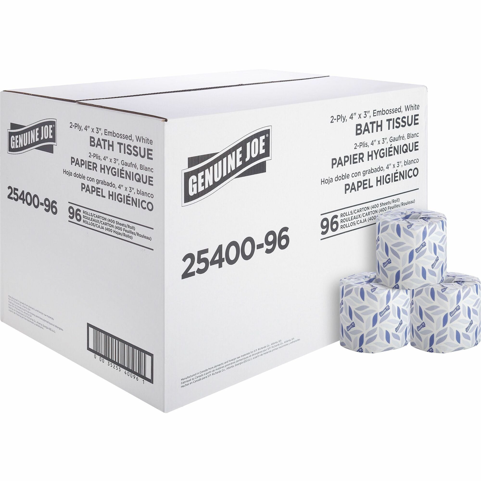 Genuine Joe 2-ply Standard Bath Tissue Rolls - 2 Ply - 3" Width x 4" Length - 400 Sheets/Roll - 1.63" Core - White - 96 / Carton