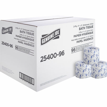 Genuine Joe 2-ply Standard Bath Tissue Rolls - 2 Ply - 3" Width x 4" Length - 400 Sheets/Roll - 1.63" Core - White - 96 / Carton