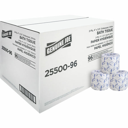 Genuine Joe 2-ply Standard Bath Tissue Rolls - 2 Ply - 4" Width x 3.20" Length - 500 Sheets/Roll - 1 5/8" Core - White - 96 Box