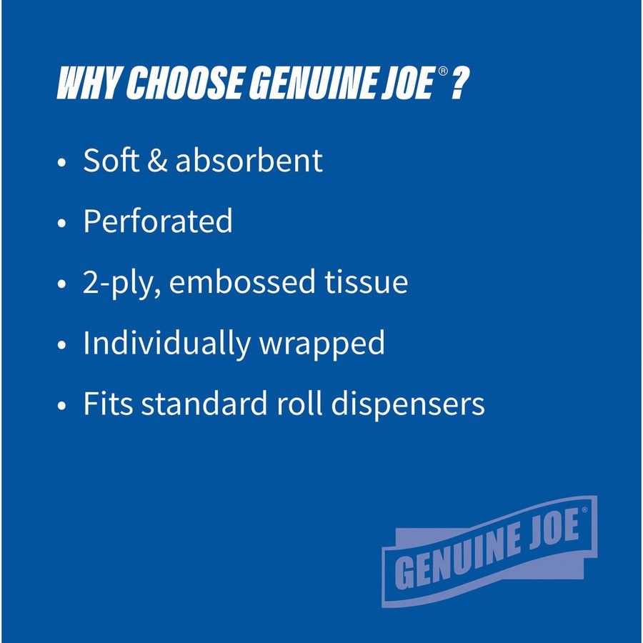 Genuine Joe 2-ply Standard Bath Tissue Rolls - 2 Ply - 4" Width x 3.20" Length - 500 Sheets/Roll - 1 5/8" Core - White - 96 Box