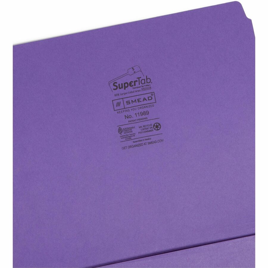 Smead SuperTab 1/3 Tab Cut Letter Recycled Top Tab File Folder - 8 1/2" x 11" - 3/4" Expansion - Top Tab Location - Assorted Tab Position - 2 Divider(s) - 11 pt. - 1 Plys - Teal, Purple, Navy - 10% Recycled - 3 / Pack