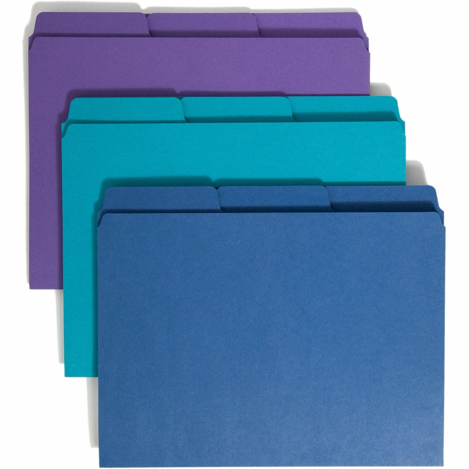 Smead SuperTab 1/3 Tab Cut Letter Recycled Top Tab File Folder - 8 1/2" x 11" - 3/4" Expansion - Top Tab Location - Assorted Tab Position - 2 Divider(s) - 11 pt. - 1 Plys - Teal, Purple, Navy - 10% Recycled - 3 / Pack