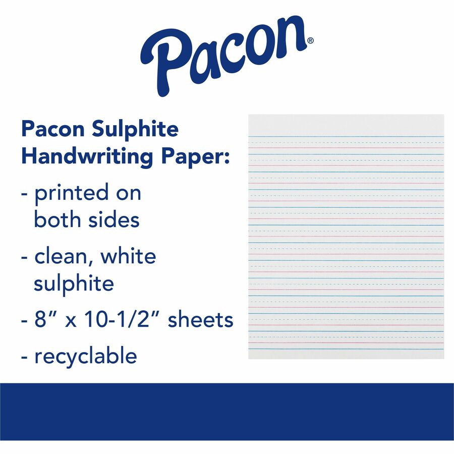Zaner-Bloser Pacon Broken Midline Sulphite Paper - 500 Sheets - 0.50" Ruled - 8" x 10 1/2" Sheet Size - White Paper - 500 / Ream