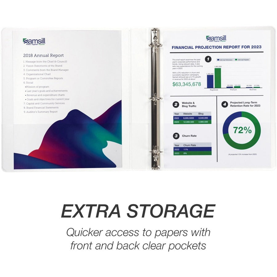 Samsill Economy View Binder - 1" Binder Capacity - 200 Sheet Capacity - 3 Ring(s) - Fastener(s): Round Ring - Polypropylene, Chipboard, Plastic - White - 4.02 lb - Recycled - Customizable Spine/Cover, Clear Overlay, Non-stick, Non-glare - 6 / Carton