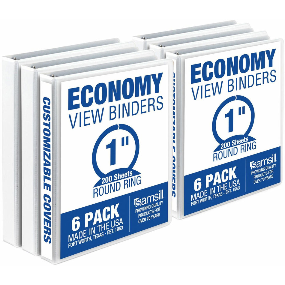 Samsill Economy View Binder - 1" Binder Capacity - 200 Sheet Capacity - 3 Ring(s) - Fastener(s): Round Ring - Polypropylene, Chipboard, Plastic - White - 4.02 lb - Recycled - Customizable Spine/Cover, Clear Overlay, Non-stick, Non-glare - 6 / Carton