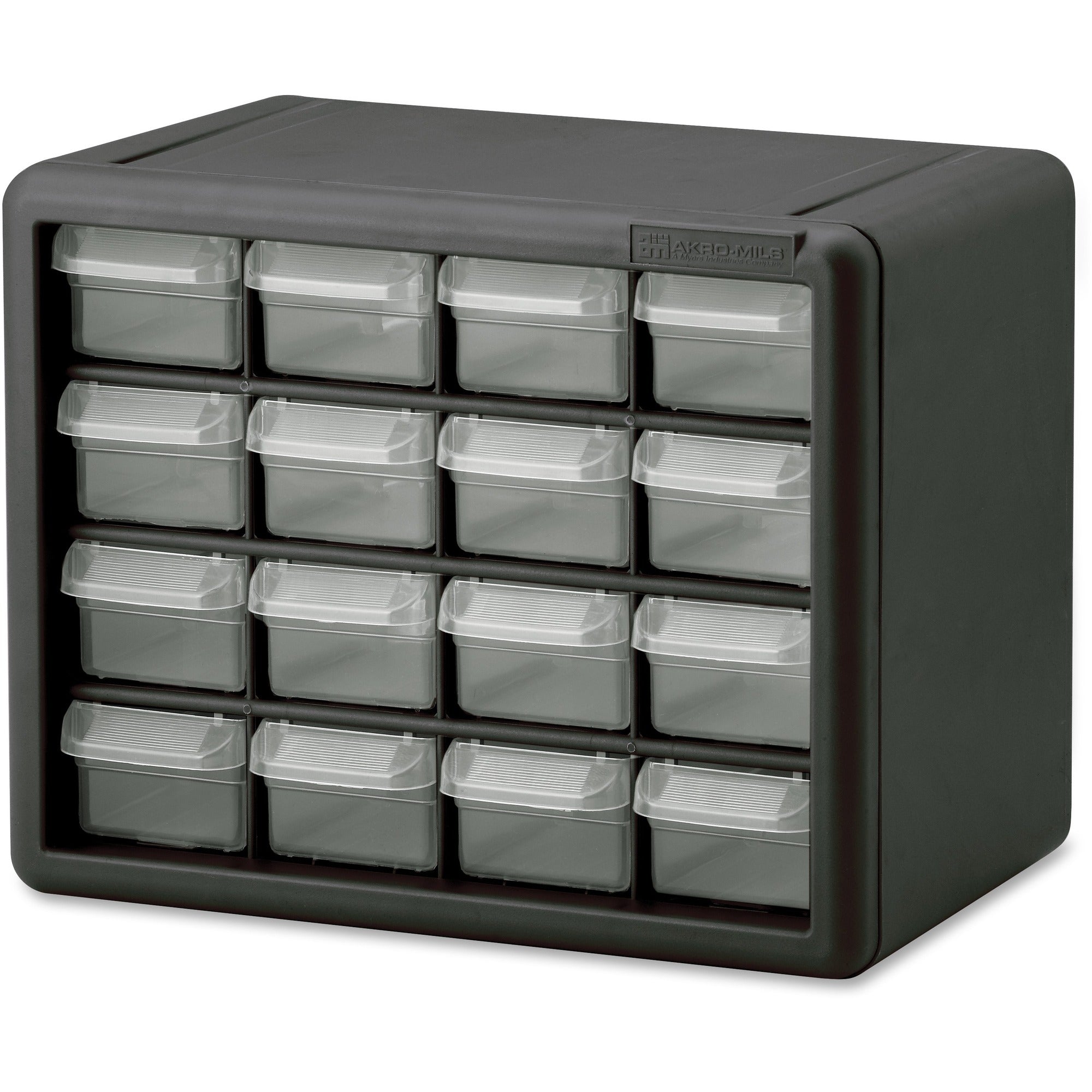 Akro-Mils 16-Drawer Plastic Storage Cabinet - 16 Drawer(s) - 8.50" Height x 6.40" Width x 10.50" Length - Floor - Stackable, Finger Grip, Unbreakable - Black - Polymer, Plastic - 1 Each
