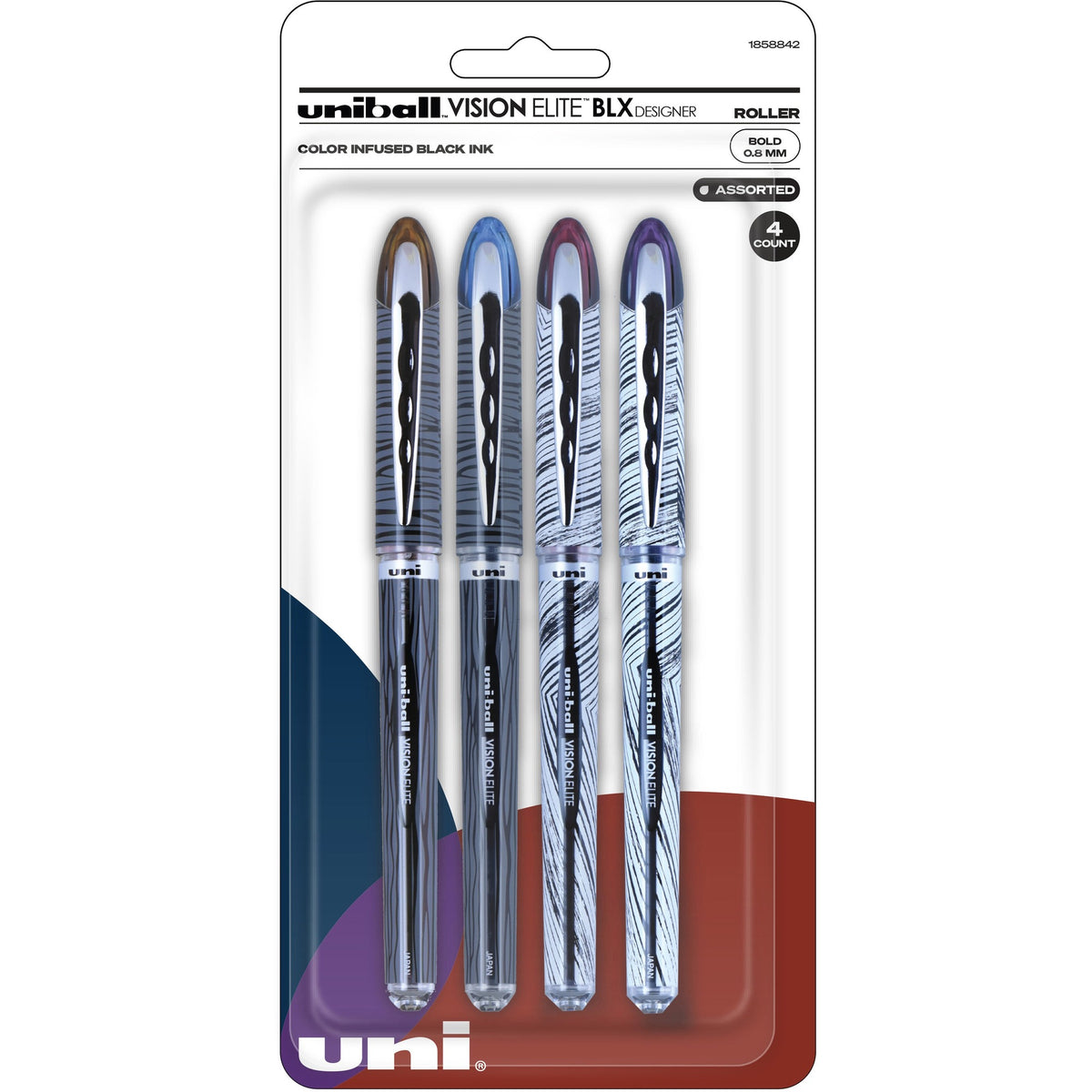 uniball&#8482; Vision Elite Designer Rollerball Pen - 8 mm Bold Pen Point - Brown/Black, Black/Blue, Black/Red, Violet/Black Ink - Assorted Barrel - 4 / Pack