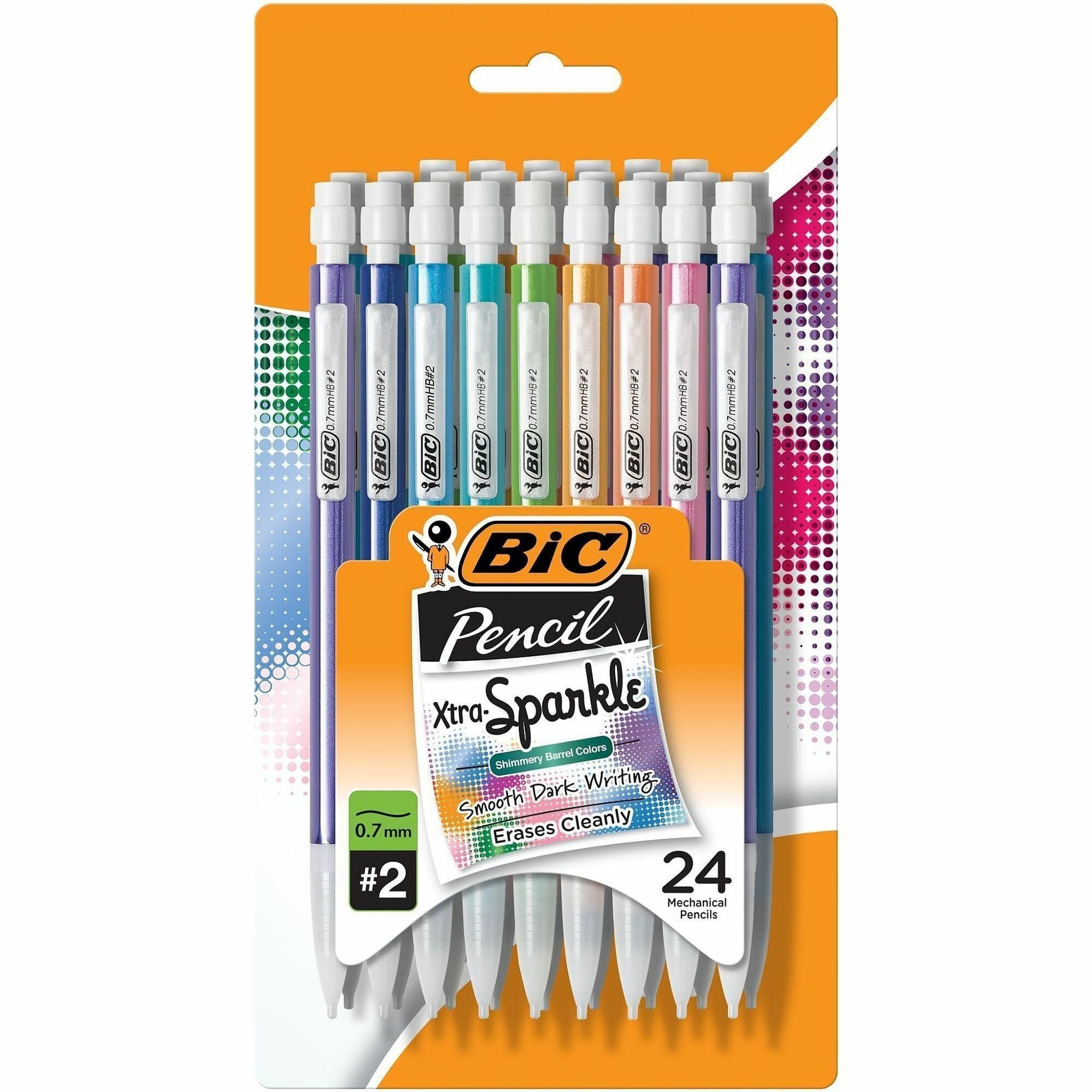 BIC Xtra Sparkle Mechanical Pencils - 0.7 mm Black Lead - #2 - Refillable - Blue Plastic, Green, Orange, Purple, Red Barrel - 24 / Pack