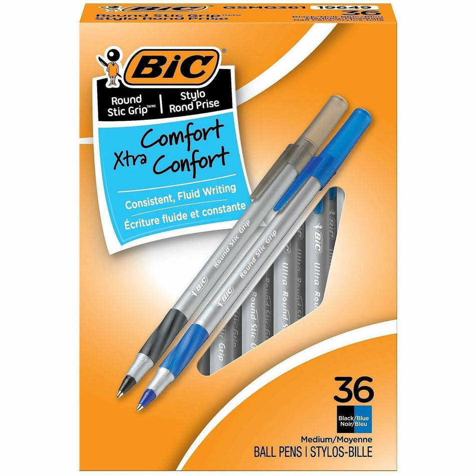 BIC Round Stic Grip Xtra-Comfort Medium Ball Point Pen, Assorted - 1.2 mm Medium Pen Point - Assorted Ink - 36 / Box