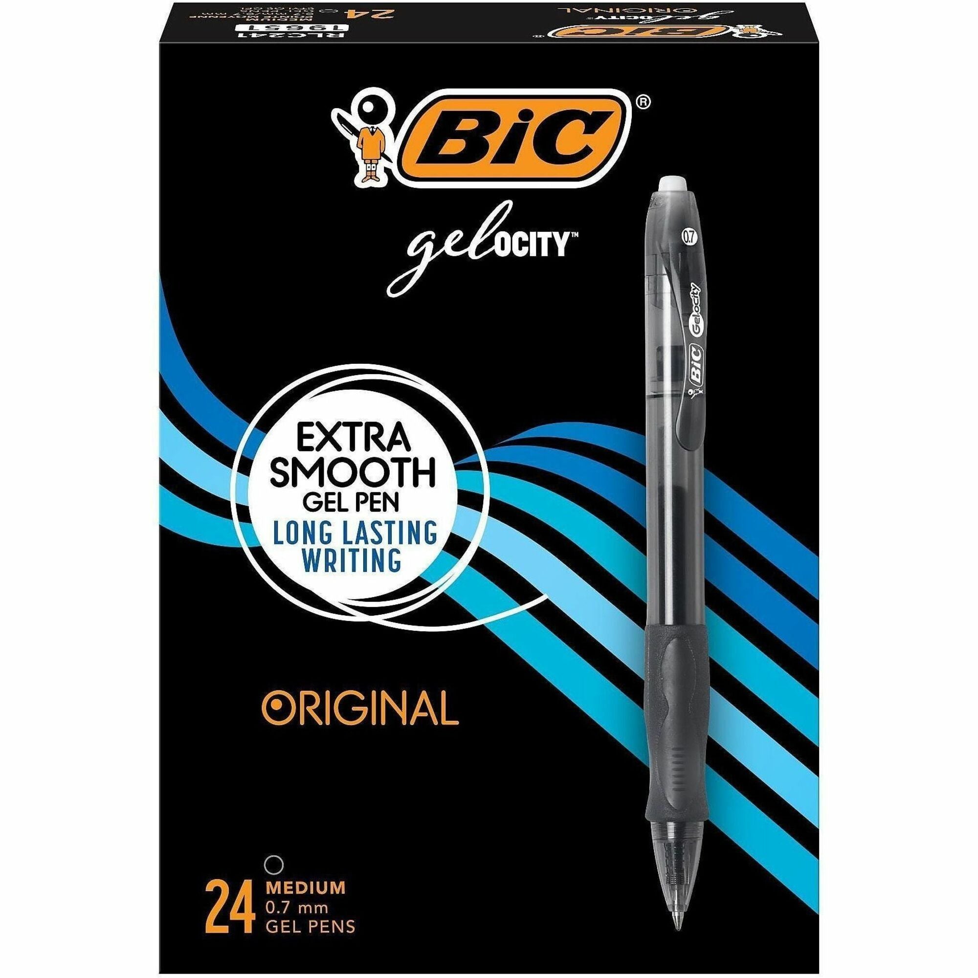 BIC Gel Retractable Pens - 0.7 mm Medium Pen Point - Retractable - Black Ink - Gel-based - Tinted, Clear Barrel - 24 / Box