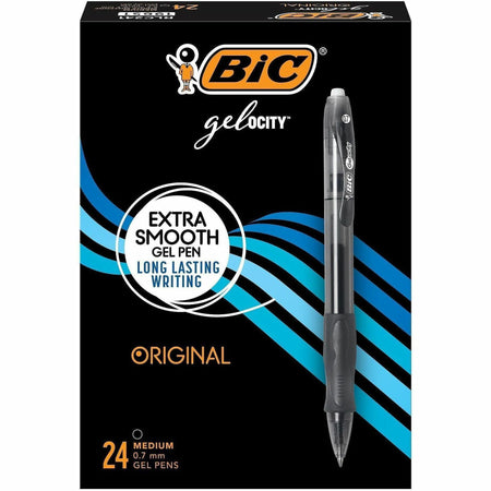 BIC Gel Retractable Pens - 0.7 mm Medium Pen Point - Retractable - Black Ink - Gel-based - Tinted, Clear Barrel - 24 / Box