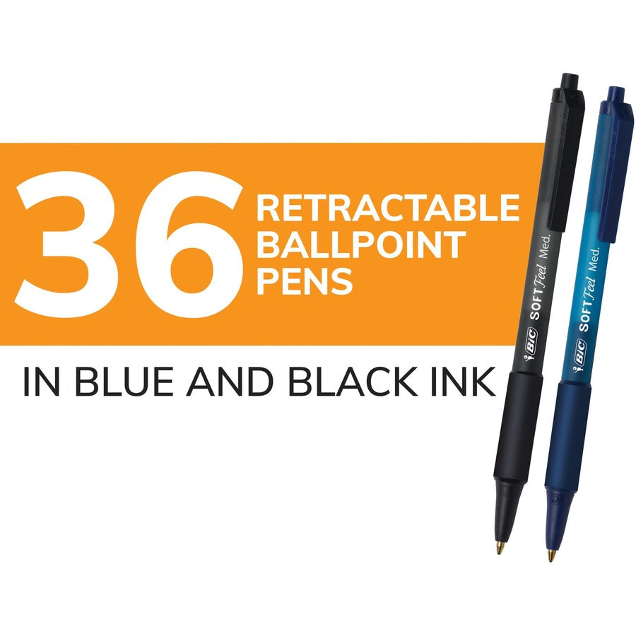 BIC Soft Feel Retractable Ball Point Pen Medium, Assorted - 1 mm Medium Pen Point - Retractable - Assorted Ink - 36 / Box