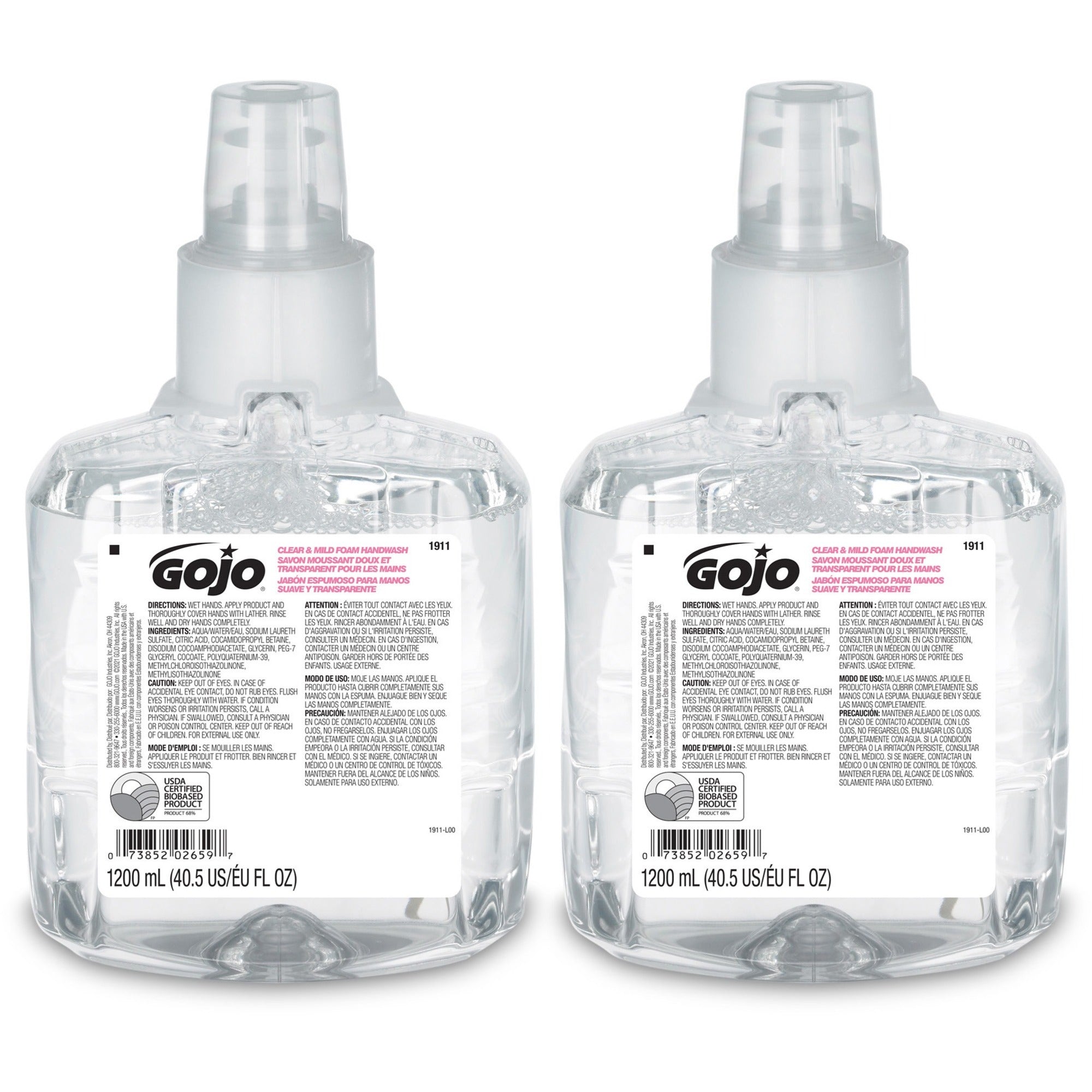 Gojo® LTX-12 Clear Mild Foam Handwash Refill - 1.27 quart - Hand, Skin - Moisturizing - Clear - Fragrance-free, Dye-free, Rich Lather, Eco-friendly - 2 / Carton